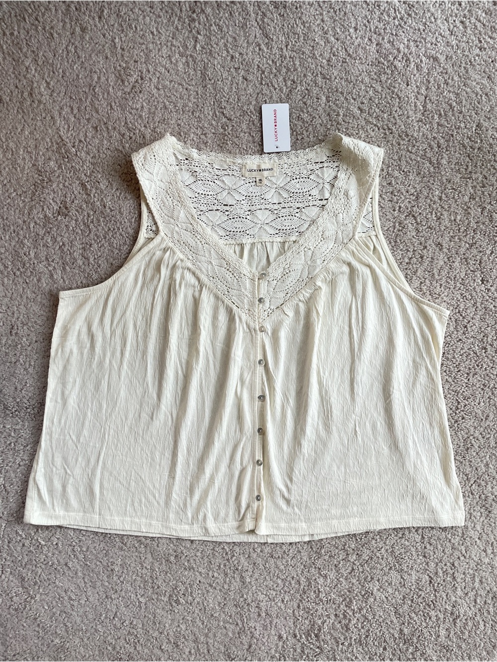 Lucky Brand Cream Crochet Lace Neck Button Down Sleeveless Camisole Top Size XXL